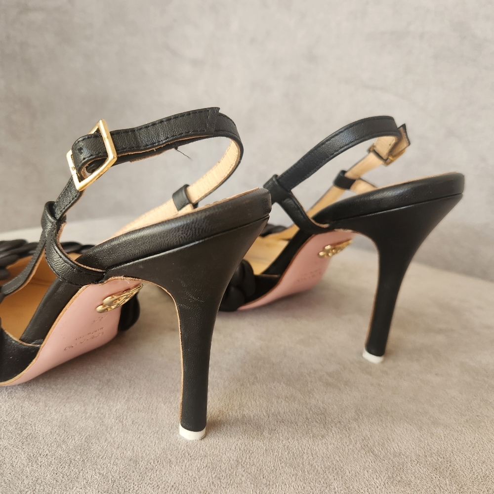 Beautiisoles Slingback Pumps 6.5 Black Leather Petals Flower Pointy Made Italy - Picture 12 of 17